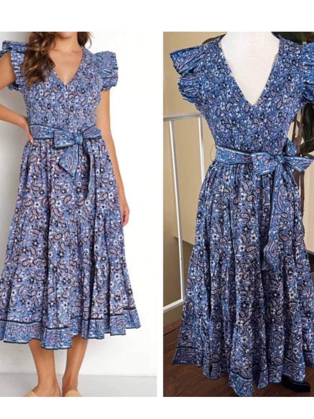 Cleobella Autumn Midi Dress Paisley Print Floral Blue Short Sleeve Maxi Dress M